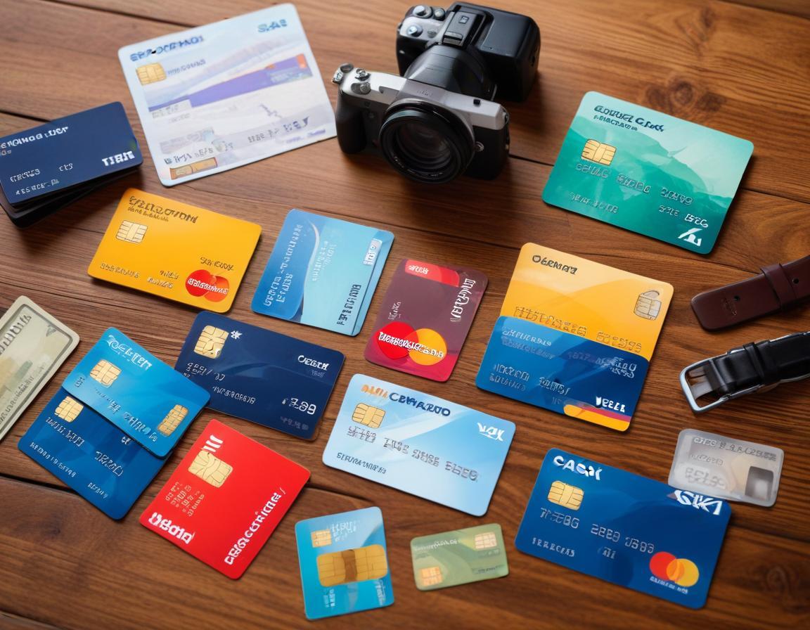 ภาพ วาง บัตรเครดิต เรียง บน โต๊ะ ไม้ เพื่อ เปรียบเทียบ ประเภท บัตรเครดิต
