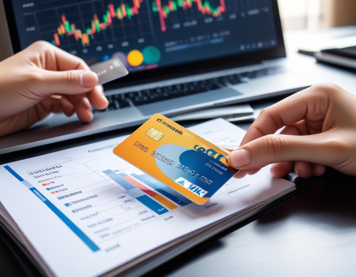 มือ ถือ บัตรเครดิต พร้อม เอกสาร การเงิน และ การวิเคราะห์ วงเงิน บัตรเครดิต บน โต๊ะ