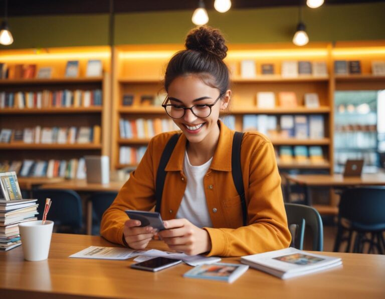 นักเรียนกำลังวิเคราะห์ตัวเลือกบัตรเครดิตที่โต๊ะ มีข้อมูลรับเงินคืนและสะสมไมล์