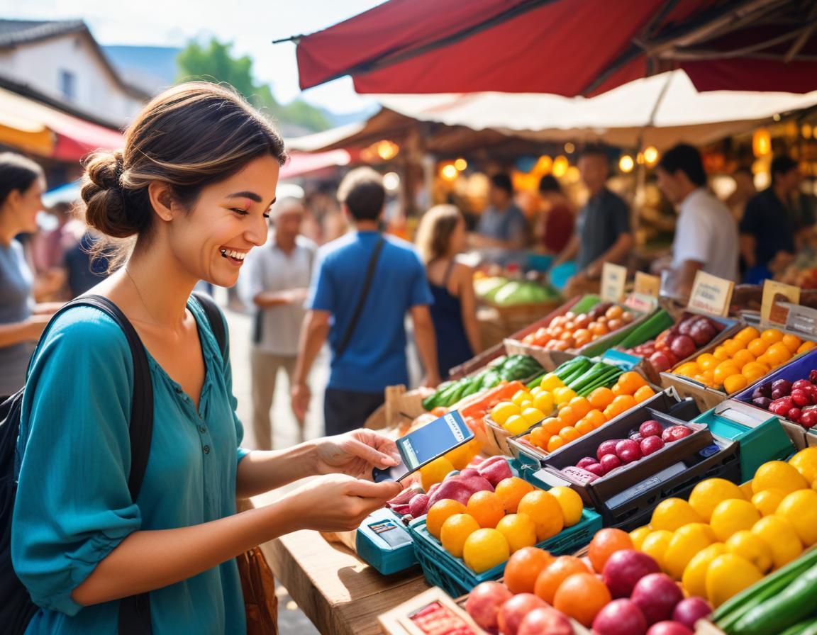 นักเดินทาง ชำระเงิน ด้วย บัตรเครดิต ที่ ตลาด ท้องถิ่น ระหว่าง การ เดินทาง